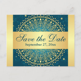 Aquamarine, Gold Scrolls Save the Date Karte