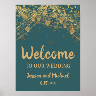 Aquamarine Gold String Lights Bokeh Hochzeit Willk Poster