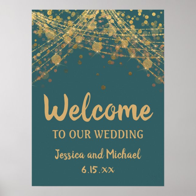 Aquamarine Gold String Lights Bokeh Hochzeit Willk Poster (Vorne)