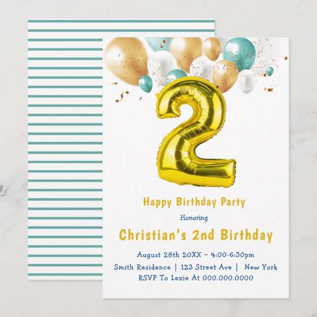 Aquamarine Goldballons 2. Einladung zum Geburtstag (Vorne/Hinten)