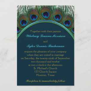 Aquamarine, goldene Pfauenfedern zum Hochzeitsempf Einladung