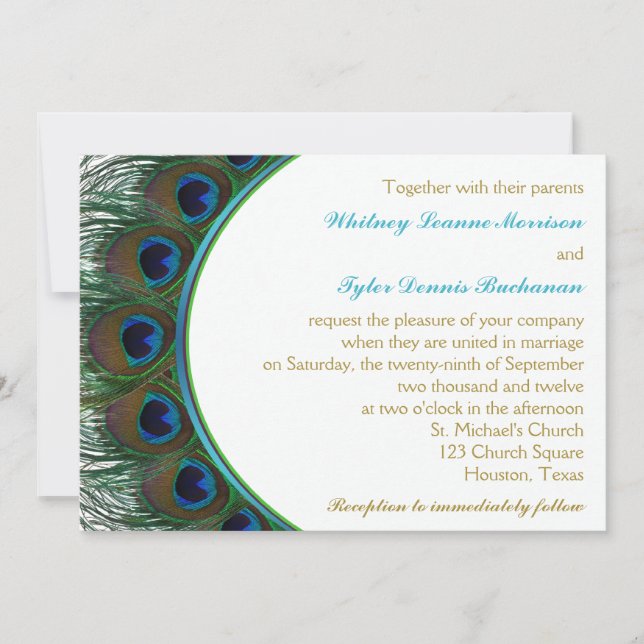Aquamarine, goldene Pfauenfedern zum Hochzeitsempf Einladung (Vorderseite)