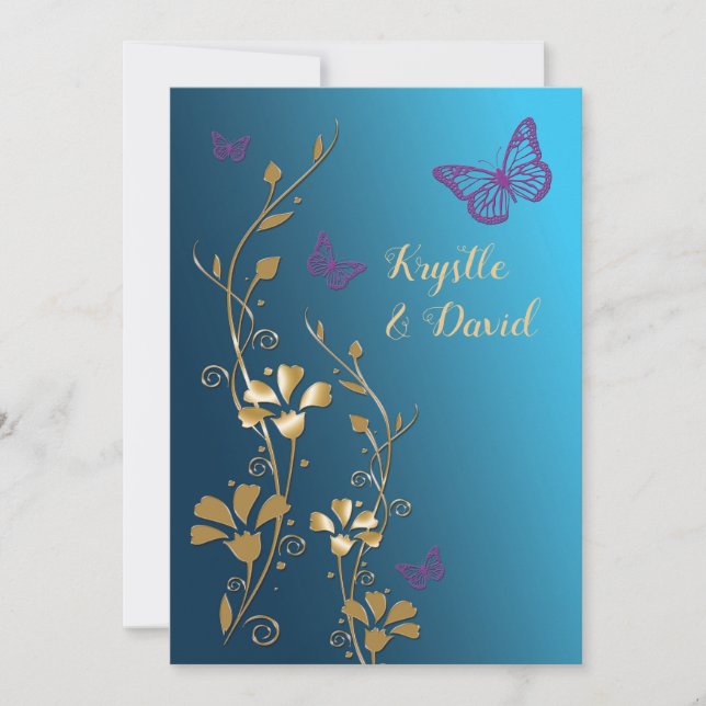 Aquamarine, goldene, violette Blumen und Schmetter Einladung (Vorderseite)