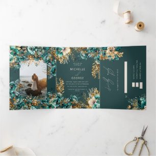Aquamarine Goldflora Dreifach Gefaltete Einladung