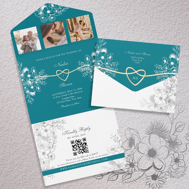 Aquamarine Goldflorale-Monogramm-Hochzeit All In One Einladung (Von Creator hochgeladen)