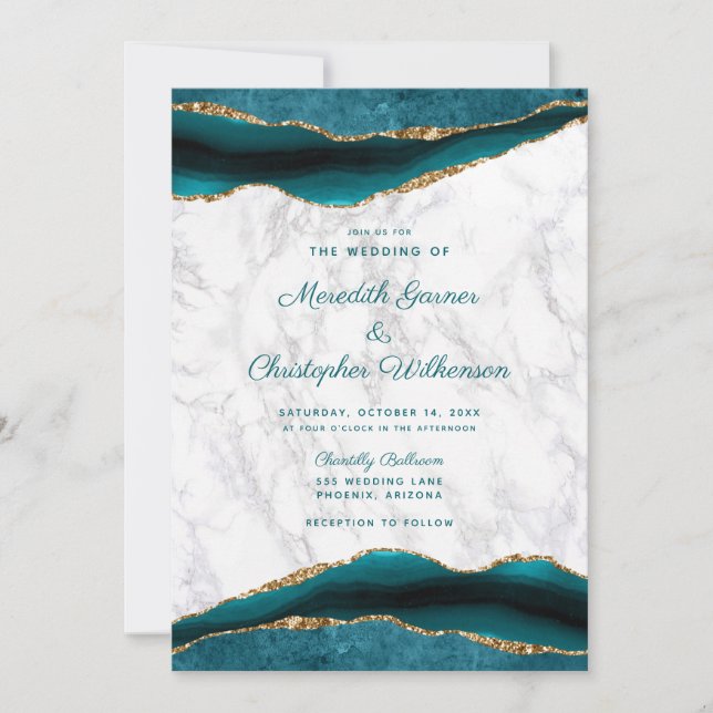 Aquamarine Goldmedaille und Marmorhochzeit Einladung (Vorderseite)
