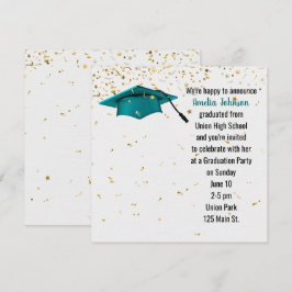 Aquamarine Graduierungsobergrenze mit Gold Confett Einladung
