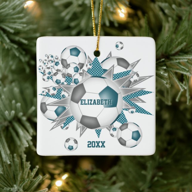 aquamarine graue Fußball Blowout-Girls Keramikornament (Baum)