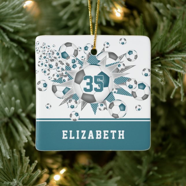 aquamarine graue Fußballstars personalisiert Keramikornament (Baum)