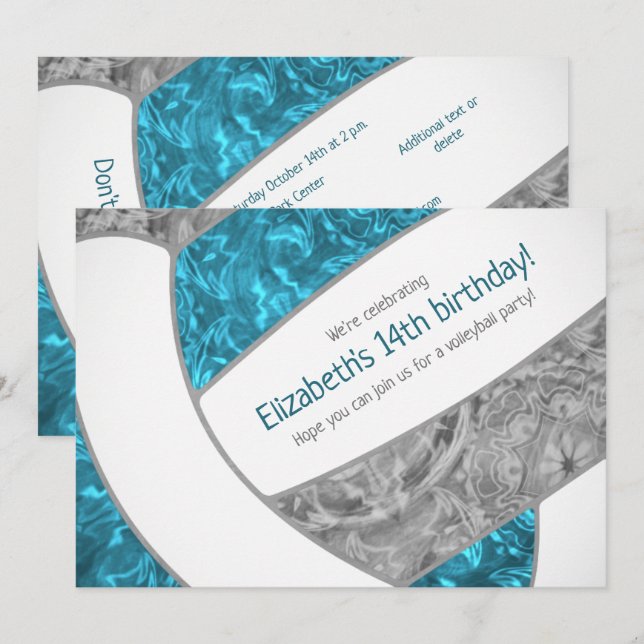 aquamarine graue Volleyball Geburtstagsparty Einladung (Vorne/Hinten)
