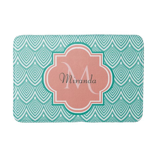 Aquamarine Green Art Deco Fischskala Rosa Monogram Badematte (Vorderseite)