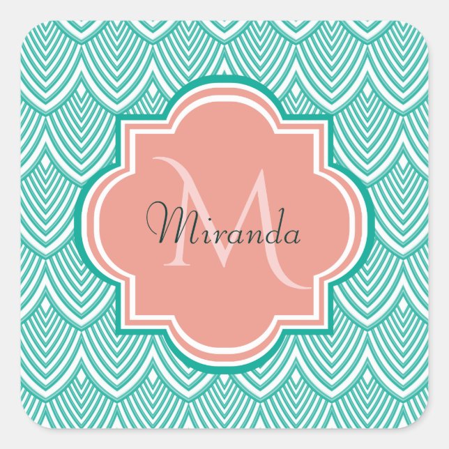 Aquamarine Green Art Deco Fischskala Rosa Monogram Quadratischer Aufkleber (Vorderseite)