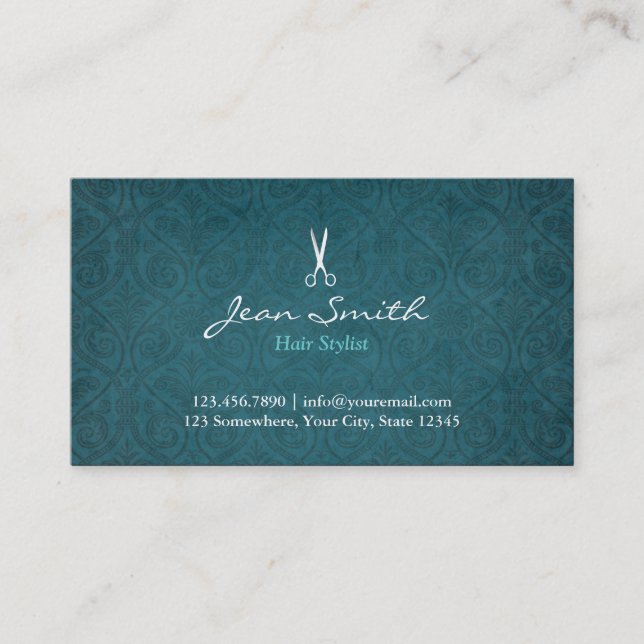 Aquamarine Green Damask Hair Stylist Business Card Visitenkarte (Vorderseite)