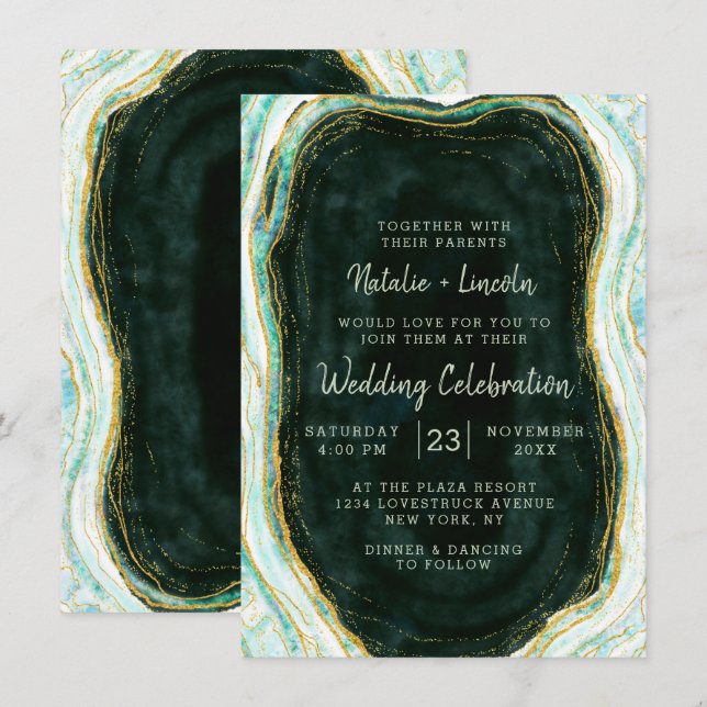 Aquamarine Green & Gold Agate Marble Geode Rock We Einladung (Vorne/Hinten)