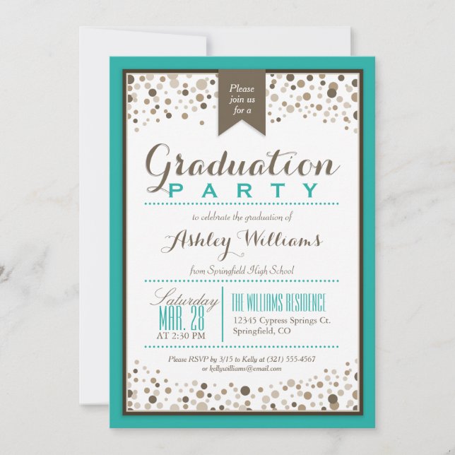 Aquamarine Grün-, Weiß- und Taupschen-Graduierungs Einladung (Vorderseite)