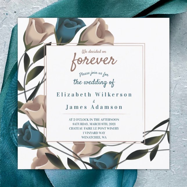 Aquamarine grüne, beige Rose zum Hochzeitsempfang Einladung (Teal green beige roses unique square wedding invitation script writing, botanical rose boundary)