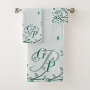 Aquamarine grüne Blätter Monogram Badezimmer Handt Badhandtuch Set