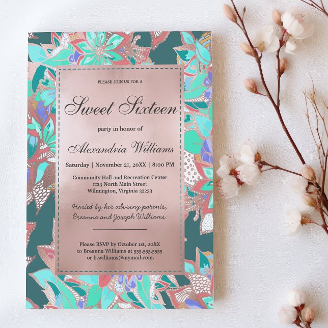 Aquamarine grüne Korallen Rose Goldblüte Süße 16 Einladung (Teal green coral rose gold floral Sweet 16 )