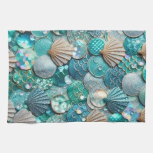 Aquamarine grüne Mermaid-Printwerbung mit Muscheln Geschirrtuch