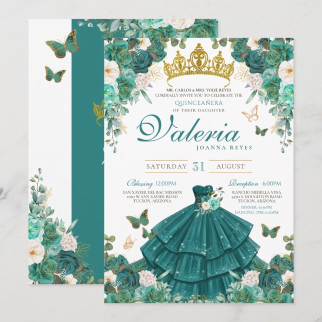 Aquamarine grüne Rose Butterfly Prinzessin Quincea Einladung (Vorne/Hinten)