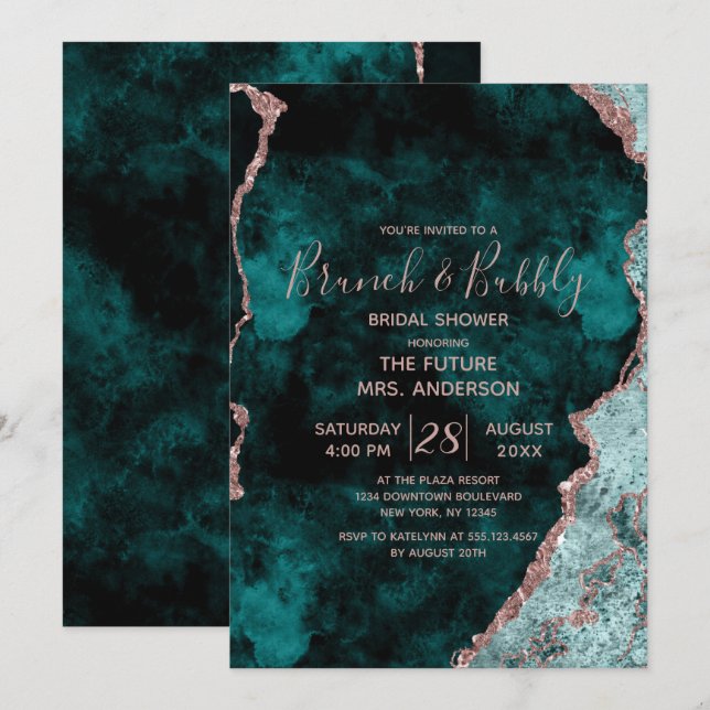 Aquamarine grüne Rose Gold Brunch & Bubbly Brautpa Einladung (Vorne/Hinten)