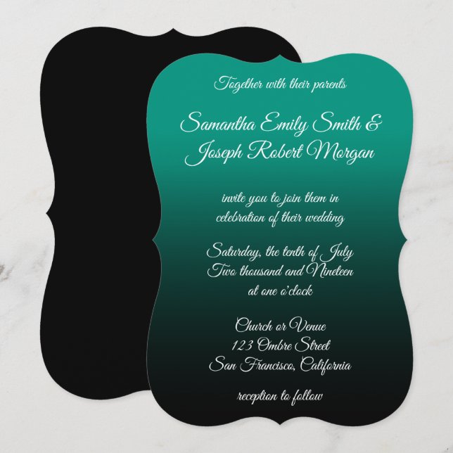 Aquamarine grüne Schwarz Ombre Elegante Kalligrafi Einladung (Vorne/Hinten)