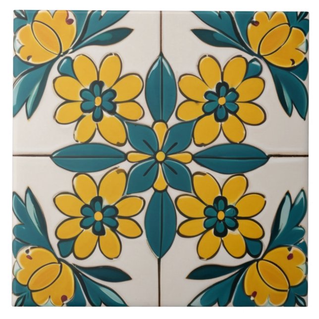 Aquamarine grüne und gelbe Blumen Geometrische Blü Fliese (Vorderseite)