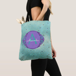Aquamarine grüne und Lila Mermaid-Skala Mit Monogr Tasche