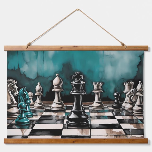 Aquamarine Grunge Schach Bar Wandteppich Mit Holzrahmen (Vorne)