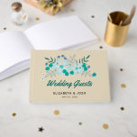 Aquamarine handgezogene Blume, Hochzeit Gästebuch<br><div class="desc">Dieses Gästebuch zeigt eine handgezeichnete Blumengrafik,  die die Farben Blau,  aquamarin,  grau und grün anbietet. Die Hintergrundfarbe ist khaki bräunlich,  obwohl sie auf jede Farbe geändert werden kann,  die durch die Auswahl verfügbar ist. Benutzerdefinierter Text erlaubt es Ihnen,  die Namen der Braut und Bräutigam und deren Hochzeitstag hinzuzufügen.</div>