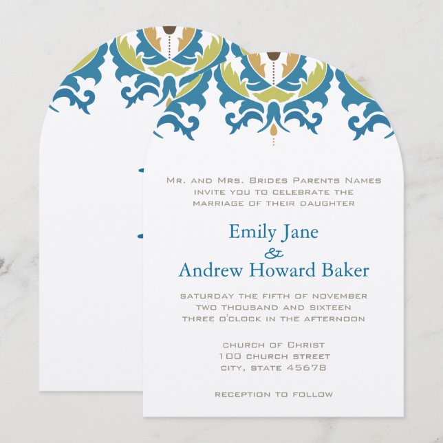 Aquamarine Haselnussgrün Damask Einladung Hochzeit (Vorne/Hinten)