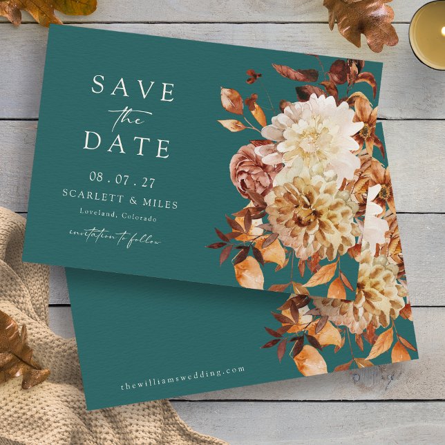 Aquamarine Herbstausgänge Save the Date (Teal Autumn Leaves Floral Save The Date Card by Painted Paperie
)