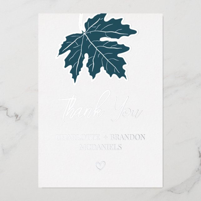Aquamarine Herbstmapelleaf Hochzeit Danke Silver Folieneinladung (Vorderseite)