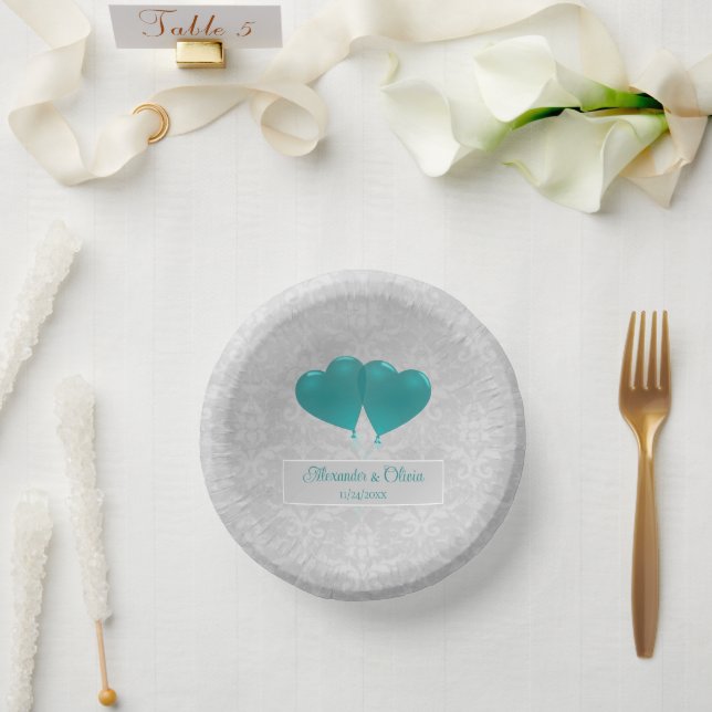 Aquamarine Herzblasen Hochzeitspapierschüsseln Pappteller (Hochzeit)
