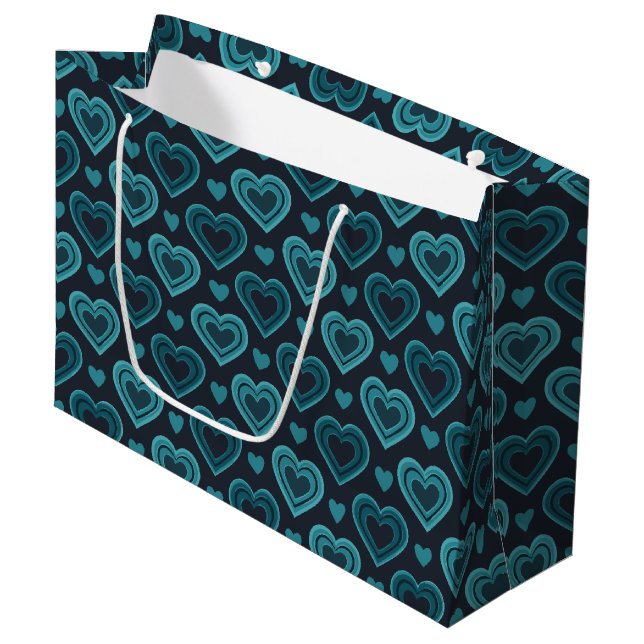 Aquamarine Herzen Große Geschenktüte (Vorderseite Schrägansicht)