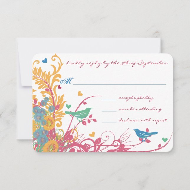 Aquamarine Himbeere Goldmedaille Blume Bird Weddin RSVP Karte (Vorderseite)