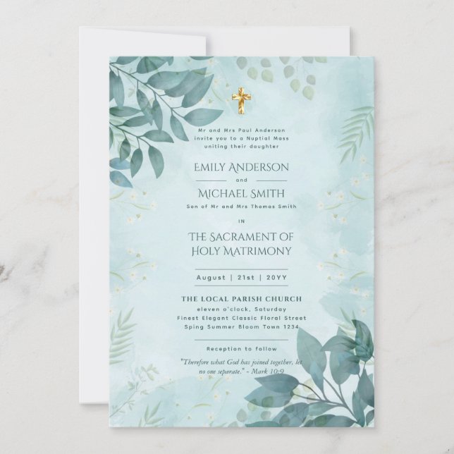 Aquamarine Hochzeit der katholischen Hochzeitsmess Einladung (Vorderseite)