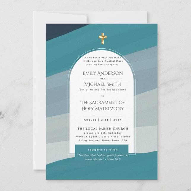 Aquamarine Hochzeit des Blue Katholic Nuptial Mass Einladung (Vorderseite)