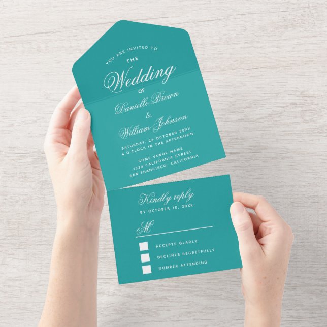 Aquamarine Hochzeit Elegante Script Calligraphy Bl All In One Einladung (Abreißen)