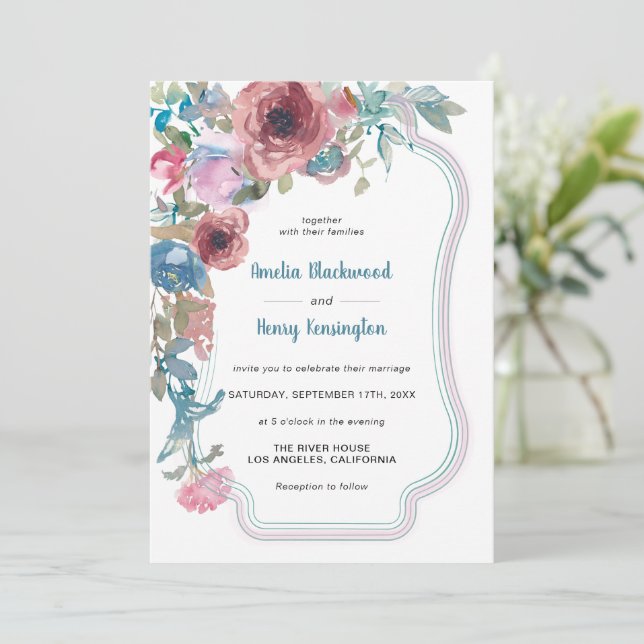 Aquamarine Hochzeit in Blau und Rosa Einladung (Stehend Vorderseite)