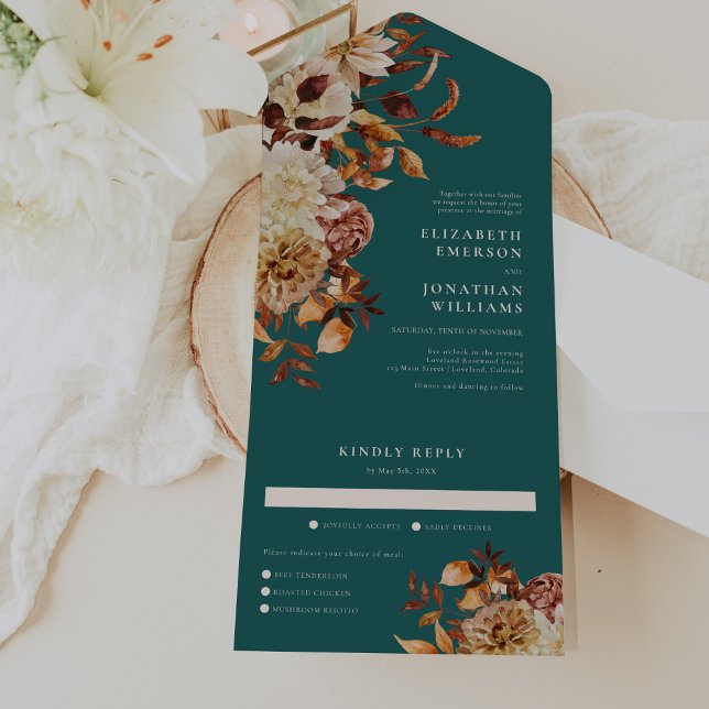 Aquamarine Hochzeit in einer Einladung (Fall Teal Terracotta Floral  Wedding All In One Invitation by Painted Paperie)