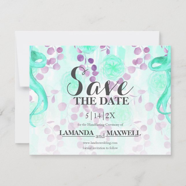 Aquamarine Hochzeit mit Floral Lila Save The Date (Vorderseite)