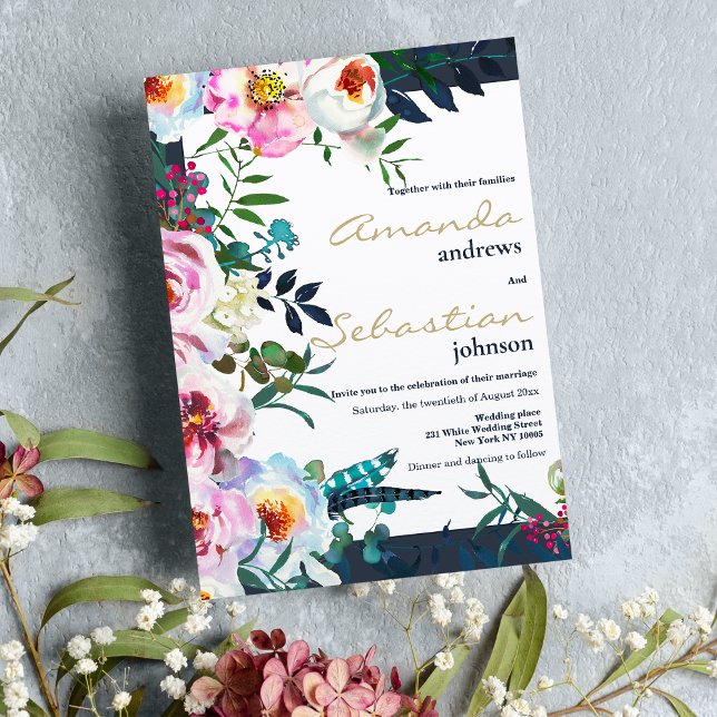 Aquamarine Hochzeit mit  lila Grün Einladung (Watercolor pink teal lilac green floral wedding )