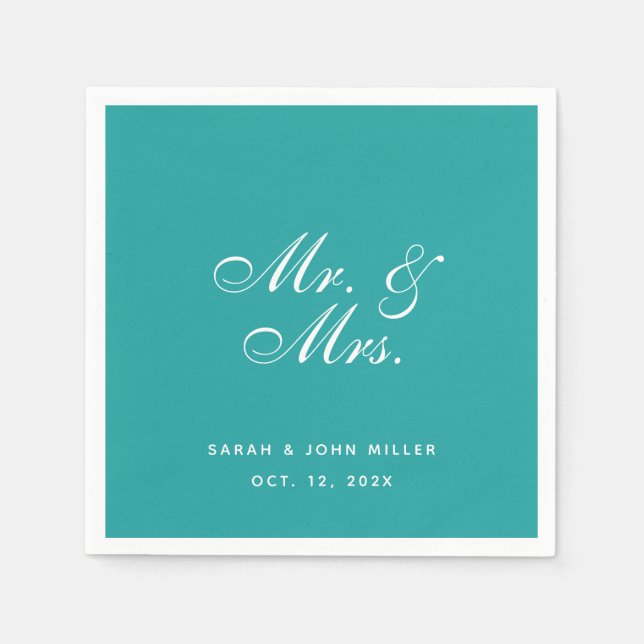 Aquamarine Hochzeit Mr. and Mrs. Elegant Script Serviette (Vorderseite)