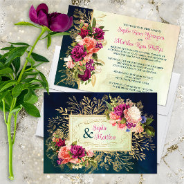 Aquamarine Hochzeit, Navy, Green, Gold Bold Floral Einladung