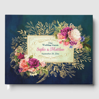Aquamarine Hochzeit, Navy, Green, Gold Bold Floral Gästebuch