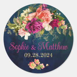 Aquamarine Hochzeit, Navy, Green, Gold Bold Floral Runder Aufkleber