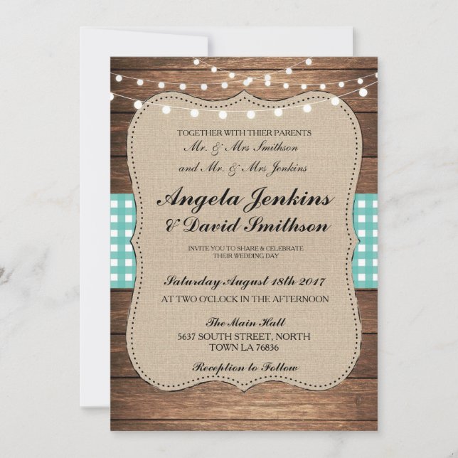 Aquamarine Hochzeit Rustikale Burlap Holzleuchter  Einladung (Vorderseite)
