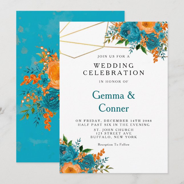 Aquamarine Hochzeit und Orangefarbene Hochzeit Einladung (Vorne/Hinten)