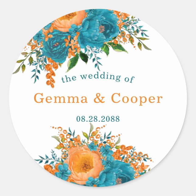 Aquamarine Hochzeit und Orangefarbene Hochzeit Runder Aufkleber (Vorderseite)
